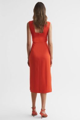 Reiss Jayla Fitted Wrap Design Midi Dress Orange
