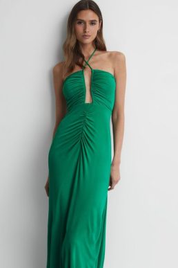 Reiss Lana Plunge Neck Halter Maxi Dress Green