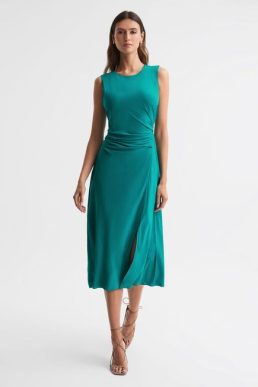 Reiss Lexi Bodycon Ruched Midi Dress Green