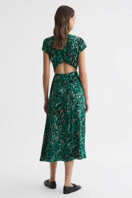 Reiss Livia Printed Cut Out Fitted Midi Dress Dark Green Multi