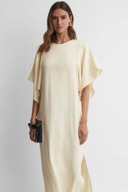 Reiss Hudson Fitted Asymmetric Midi Dress Nude Navy