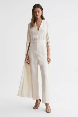 Reiss Olivia Cape Sleeve V-neck Jumpsuit Ivory