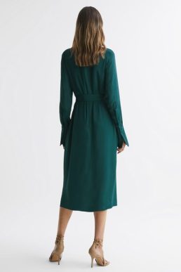 Reiss Phoenix Pleated Long Sleeve Midi Dress Dark Green