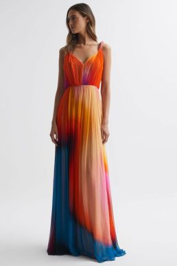 Reiss Stacia Halston Pleated Maxi Gown Orange Multi