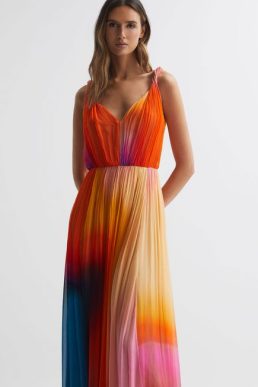 Reiss Stacia Halston Pleated Maxi Gown Orange Multi