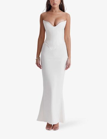 HOUSE OF CB Tamara peaked-neckline stretch-woven maxi dress, Ivory - Image 2