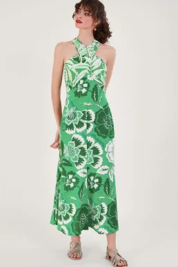 Monsoon Clo botanical print crossover maxi dress green multi