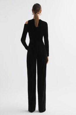 Reiss Adele Velvet Off-The-Shoulder Jumpsuit Black