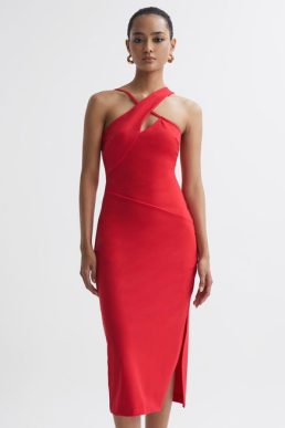 Reiss Halle Bodycon Cut-Out Midi Dress Red