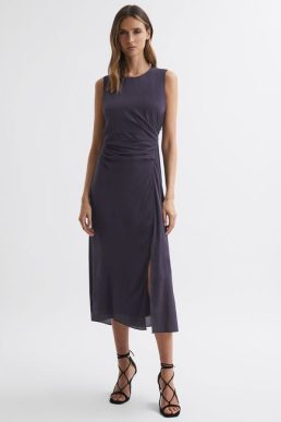 Reiss Lexi Bodycon Ruched Midi Dress Grape