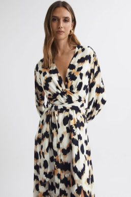 Reiss Marie Animal Print Midi Dress Black White