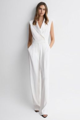 Reiss Saskia Satin Lapel Jumpsuit Ivory