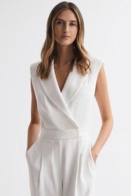 Reiss Saskia Satin Lapel Jumpsuit Ivory