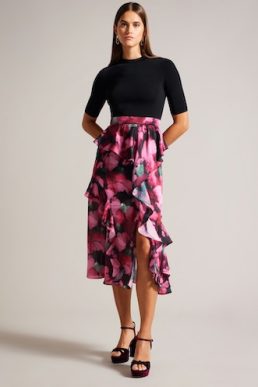 Ted Baker Darciia Fitted Knit Bodice Dress With Ruffle Skirt Black Pink