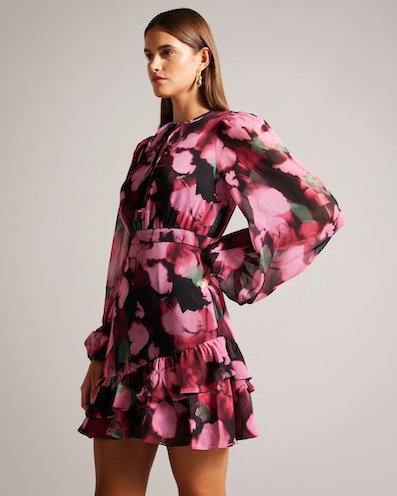 Ted Baker Grayda Petal Print A Line Mini Dress Black Pink Multi