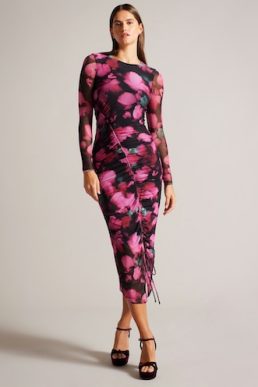 Ted Baker Lilzaan Ruched Petal Print Bodycon Dress Black Pink