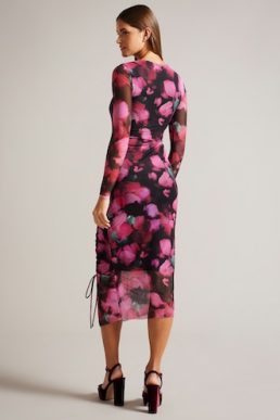 Ted Baker Lilzaan Ruched Petal Print Bodycon Dress Black Pink
