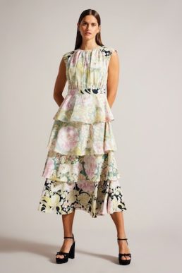 Ted Baker Mireile Tiered Midi Dress With Gathered Bodice Multi