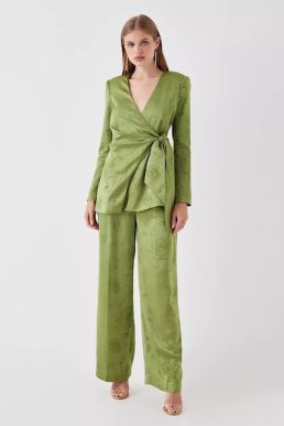 Coast Sophie Habboo Satin Jacquard Wide Leg Trouser Olive green