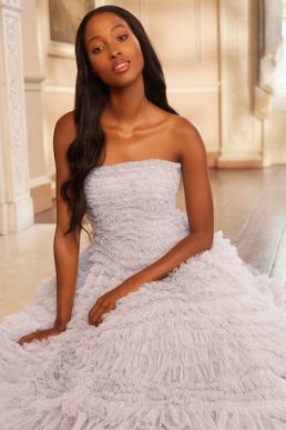 Needle & Thread Hattie Ruffle Strapless Ankle Gown Grey