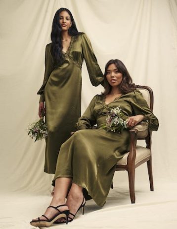 Nobody's Child Olive Green Satin Lace Trim Nessy Bridesmaid