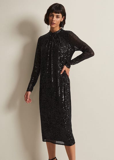 Phase Eight Cindy Black Sequin Midi Dress, Black