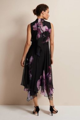 Phase Eight Lucinda Floral Chiffon Midi Dress Purple Black Multi