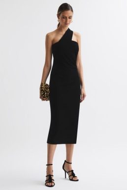 Reiss Abbey Velvet One-Shoulder Midi Dress Black