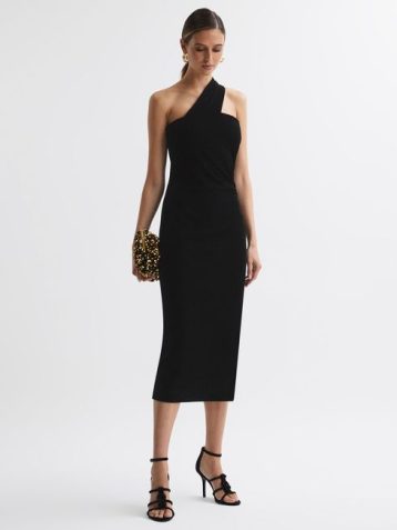 Reiss Abbey Velvet One-Shoulder Midi Dress Black