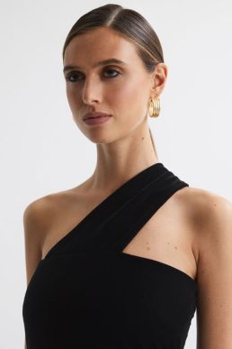 Reiss Abbey Velvet One-Shoulder Midi Dress Black