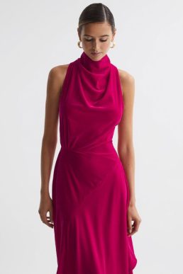 Reiss Giannon Velvet Funnel Neck Asymmetric Midi Dress Pink