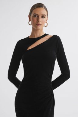 Reiss Macey Velvet Cut-Out Midi Dress Black