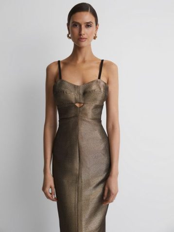 Reiss Mina Metallic Bodycon Midi Dress Gold