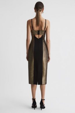 Reiss Mina Metallic Bodycon Midi Dress Gold