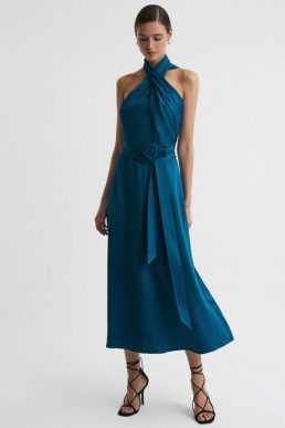 Reiss Vida Satin Halter Neck Fitted Midi Dress Teal