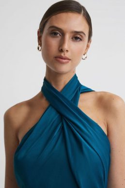 Reiss Vida Satin Halter Neck Fitted Midi Dress Teal