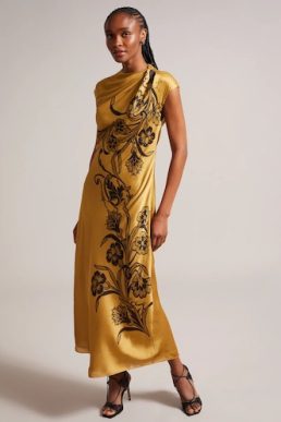 Ted Baker Valiree Satin Maxi Dress With Draped Neckline Yellow