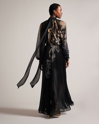 Ted Baker Whitnii Gilded Floral Maxi Dress With Pleated Skirt Black
