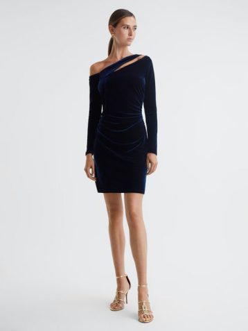 Reiss Camilla Velvet Off-The-Shoulder Mini Dress Navy
