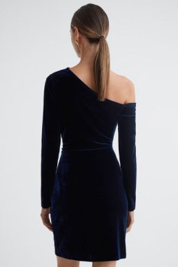 Reiss Camilla Velvet Off-The-Shoulder Mini Dress Navy