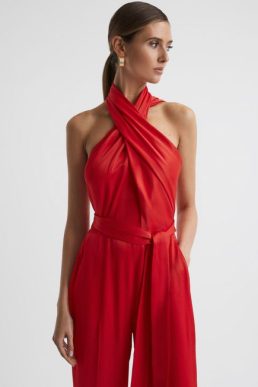 Reiss Jules Satin Halter Neck Fitted Jumpsuit Red