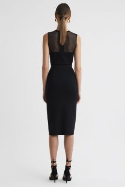 Reiss Lucia Sheer Knitted Bodycon Midi Dress Black