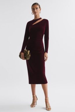 Reiss Macey Velvet Cut-Out Midi Dress Berry