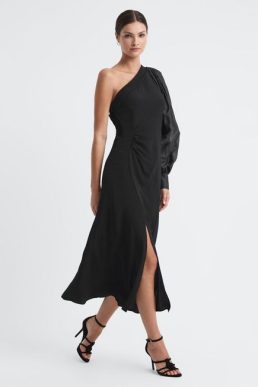 Reiss Maeve One-Shoulder Blouson Sleeve Midi Dress black