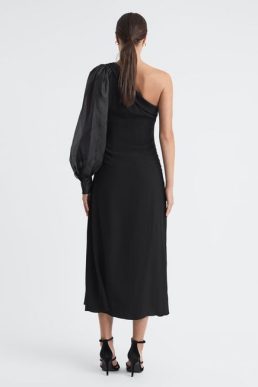 Reiss Maeve One-Shoulder Blouson Sleeve Midi Dress black