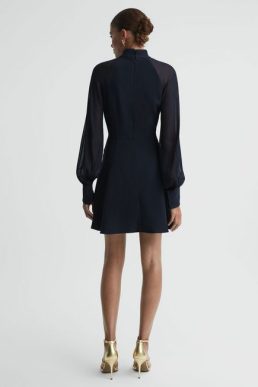 Reiss Perry Sheer Blouson Sleeve Mini Dress Navy Blue