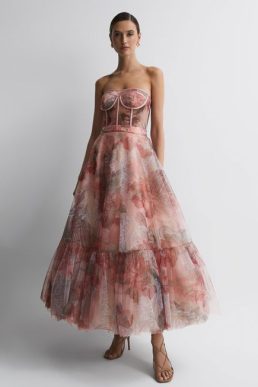 Reiss Rae Leo Lin Bustier Tulle Midi Dress Blush pink Azalea Print Fortune