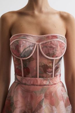 Reiss Rae Leo Lin Bustier Tulle Midi Dress Blush pink Azalea Print Fortune