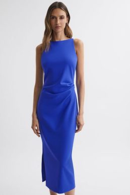 Reiss Scarlett Bodycon Boat Neck Midi Dress Blue