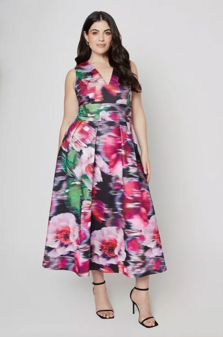 Plus Size Plunge Neck Full Skirted Scuba Dress multi